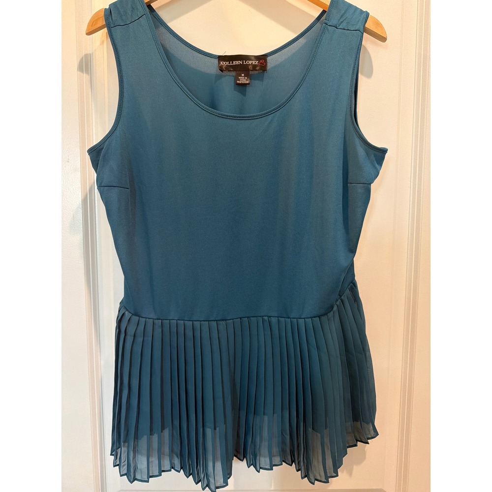 Colleen Lopez Womens Teal Blue Pleated Peplum Sleeveless Top Blouse Medium